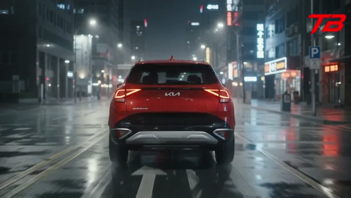 SUV Kia Sportage rojo visto desde atrás en una calle de ciudad mojada, de noche.